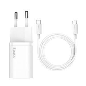 Baseus Super Si TZCCSUP-L02 USB-C hálózati töltő adapter, és USB-C/USB-C 1m kábel, gyorstöltő, 25W, PD, 3A, fehér