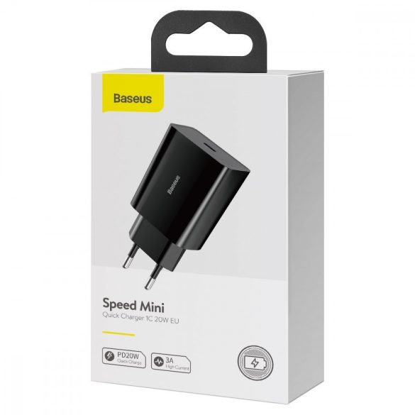 Baseus CCFS-SN01 USB-C, Speed Mini Quick Charger hálózati töltő adapter, gyorstöltés, 20W, QC, PD, 3A, fekete