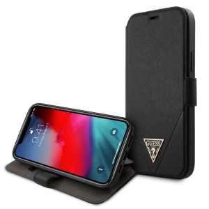 Guess iPhone 12 Pro Max Saffiano Triangle (GUFLBKP12LVSATMLBK) oldalra nyíló tok, fekete