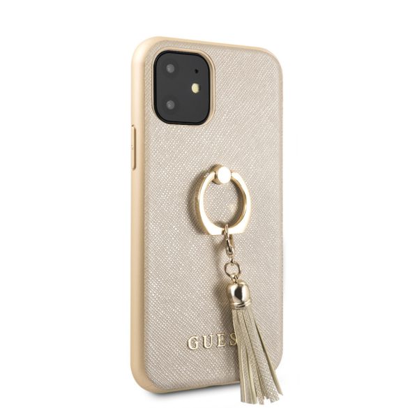 Guess iPhone 11 Pro Max Saffiano Collection (GUHCN65RSSABE) hátlap, tok, selfie gyűrűvel, bézs