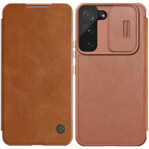 Nillkin Qin Leather Samsung Galaxy S22 oldalra nyíló eredeti bőr tok, barna