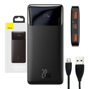 Baseus Bipow Powerbank, hordozható külső akkumulátor 2xUSB-A/USB-C/Micro-USB, LED kijelzővel, 10000 mAh, 20W, fekete