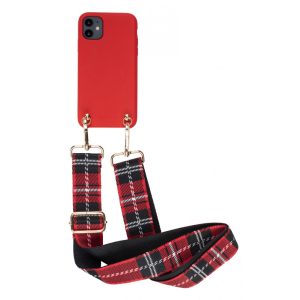 Iphoria iPhone 12/12 Pro Soft Touch Tartan Strap nyakba akasztós hátlap, tok, piros