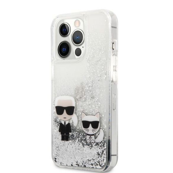 Karl Lagerfeld iPhone 13 Pro Liquid Glitter Karl & Choupette (KLHCP13LGKCS) hátlap, tok, ezüst