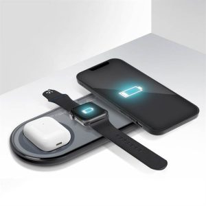 X399 3in1 Qi Wireless Charger, AirPods, Apple Watch és mobiltelefon vezeték nélküli töltő, 15W, fekete