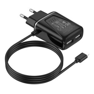 Borofone BA50A 2xUSB hálózati töltő adapter és USB/Lightning kábel, gyorstöltő, 2.1A, fekete