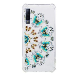 Shockproof Samsung Galaxy A7 (2018) Gold and Blue Butterfly ütésálló hátlap, tok, mintás, átlátszó