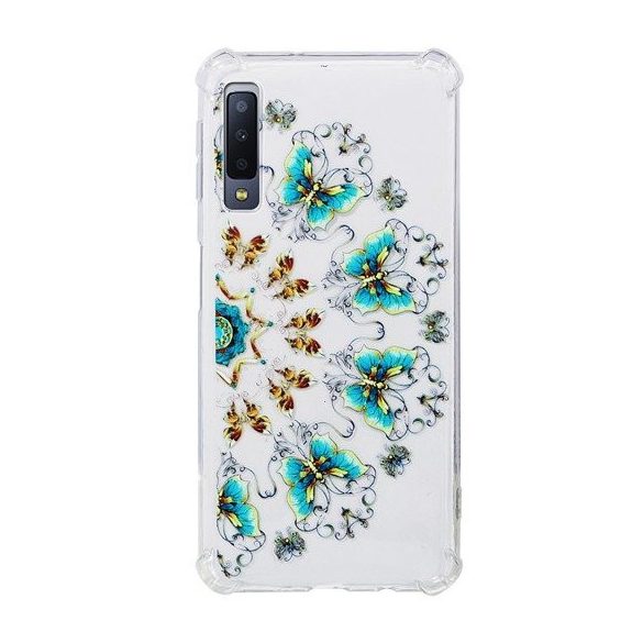 Shockproof Samsung Galaxy A7 (2018) Gold and Blue Butterfly ütésálló hátlap, tok, mintás, átlátszó